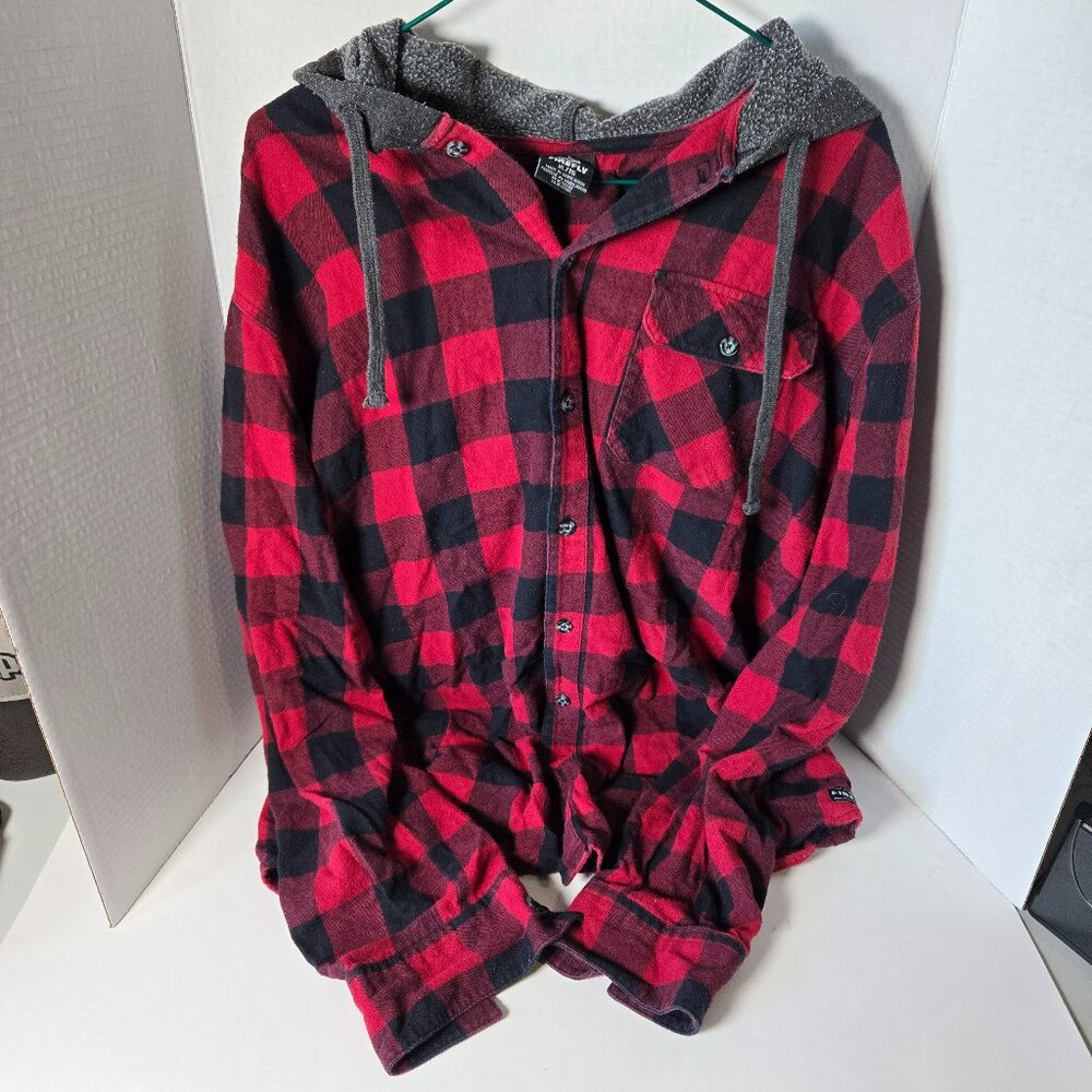 Firefy Red Plaid Button Up Hoodie, Size XL